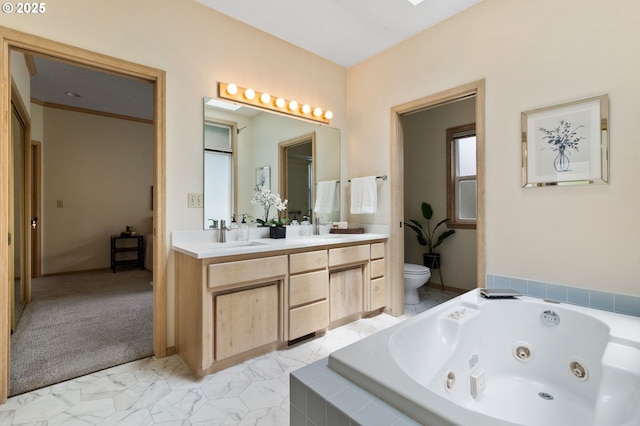 1249 Crenshaw Rd, Eugene, OR 97401 - full bath featuring toilet, double vanity, a whirlpool tub, and marble finish floors