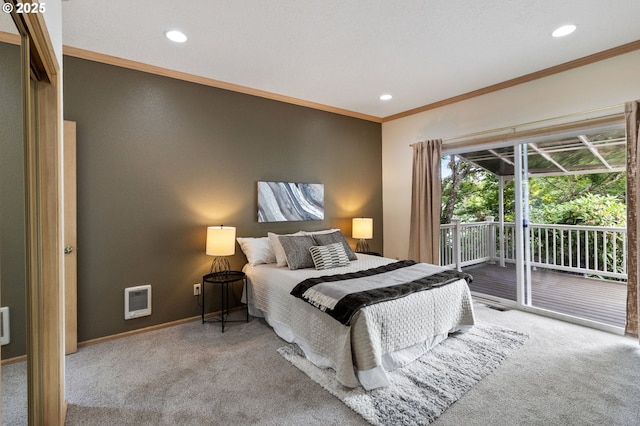 1249 Crenshaw Rd, Eugene, OR 97401 - carpeted bedroom with crown molding, access to exterior, recessed lighting, baseboards, and heating unit