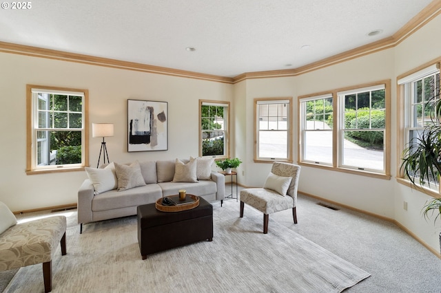 1249 Crenshaw Rd, Eugene, OR 97401 - living area featuring light carpet, healthy amount of natural light, baseboards, and ornamental molding