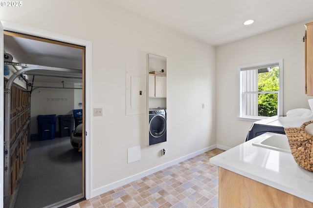 1249 Crenshaw Rd, Eugene, OR 97401 - laundry room with washer / dryer, cabinet space, baseboards, and recessed lighting