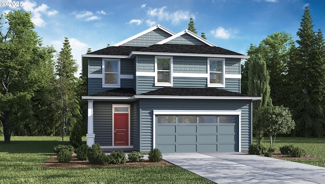 view of front facade featuring a garage, driveway, a front lawn, and roof with shingles