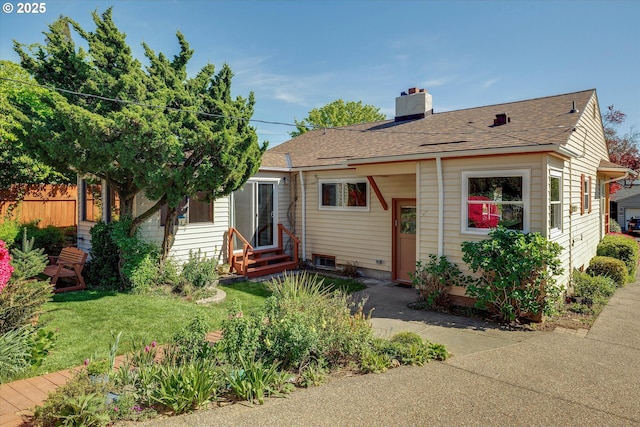 4133 SE Henderson St, Portland, OR 97202 - view of front of house with roof with shingles, fence, a chimney, and entry steps