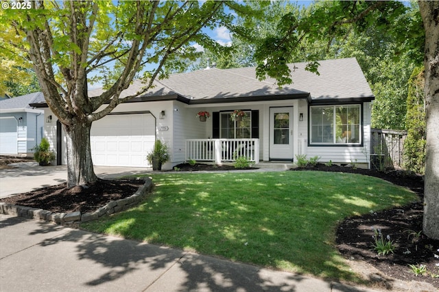 ranch-style house featuring covered porch, a garage, driveway, a front lawn, and a shingled roof