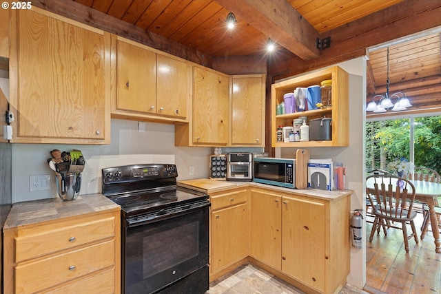 4347 S Schooner Creek Rd, Lincoln City, OR 97367 - kitchen featuring black range with electric stovetop, a wooden ceiling with exposed beams, tile countertops, a chandelier, and open shelves