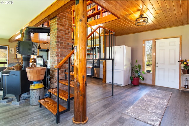 471 Barr Rd, Grays River, WA 98621 - below grade area with wood finished floors, stairway, wood ceiling, and freestanding refrigerator