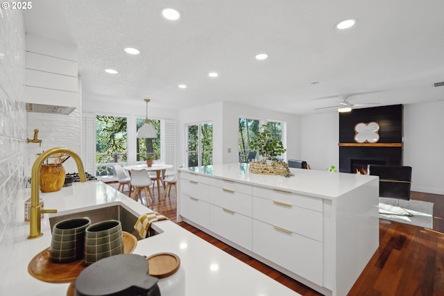 kitchen with a large fireplace, a sink, white cabinetry, modern cabinets, and dark wood finished floors