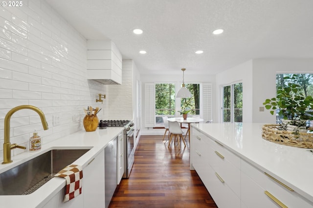 kitchen featuring white cabinets, decorative backsplash, dark wood-style floors, appliances with stainless steel finishes, and a sink