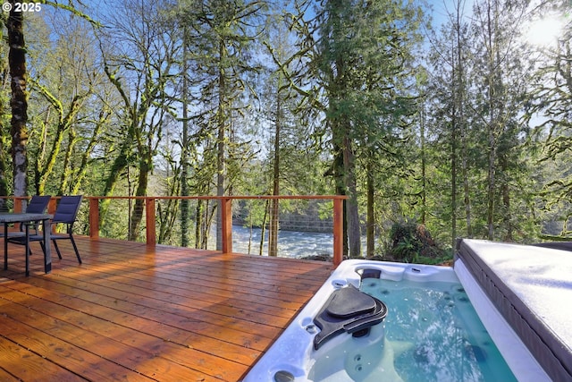 11010 SE Green Valley Rd, Sandy, OR 97055 - wooden deck featuring a view of trees, area for grilling, and a hot tub