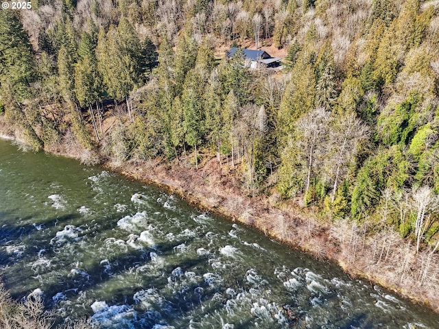 birds eye view of property featuring a wooded view