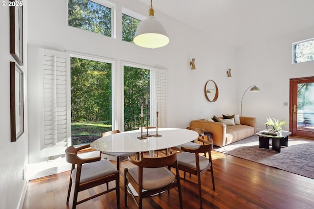 dining area featuring a high ceiling and wood finished floors