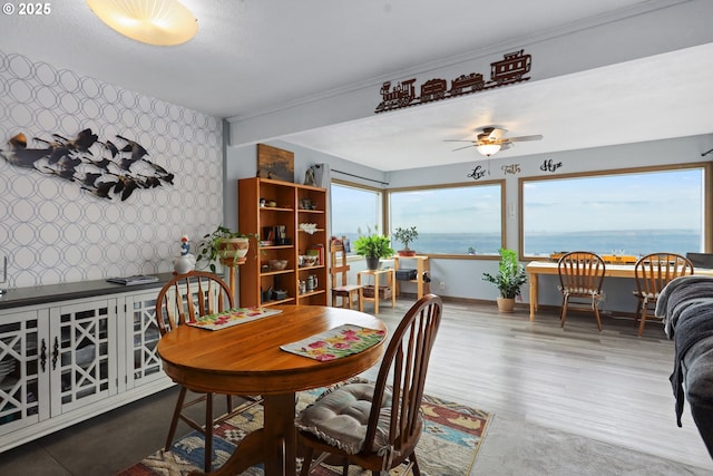 dining room with a water view, ceiling fan, and hardwood / wood-style floors