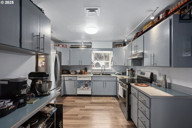 kitchen with dishwasher, sink, gray cabinetry, and stainless steel range with electric stovetop