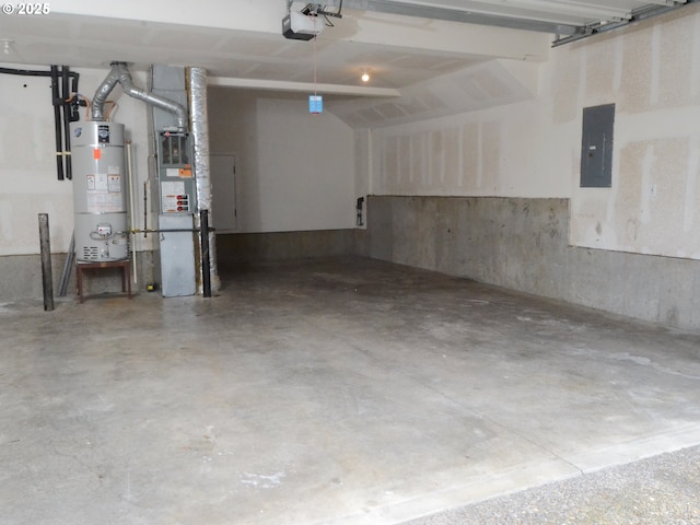 garage with electric panel, strapped water heater, a garage door opener, and heating unit