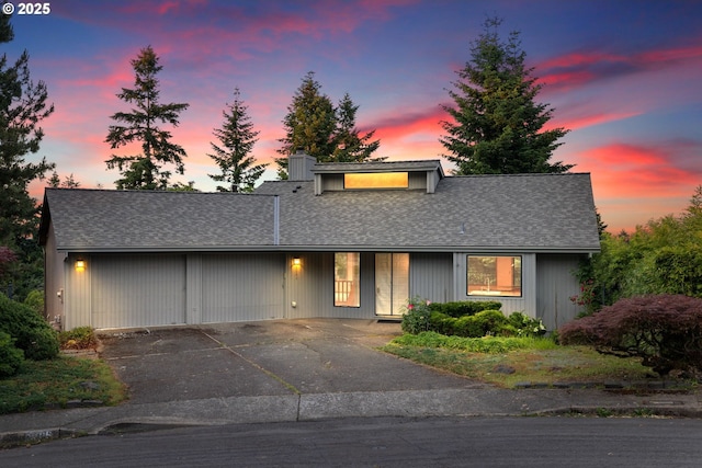 2305 Chickadee Ct, West Linn, OR 97068 - view of front of property with concrete driveway, a garage, roof with shingles, and a chimney
