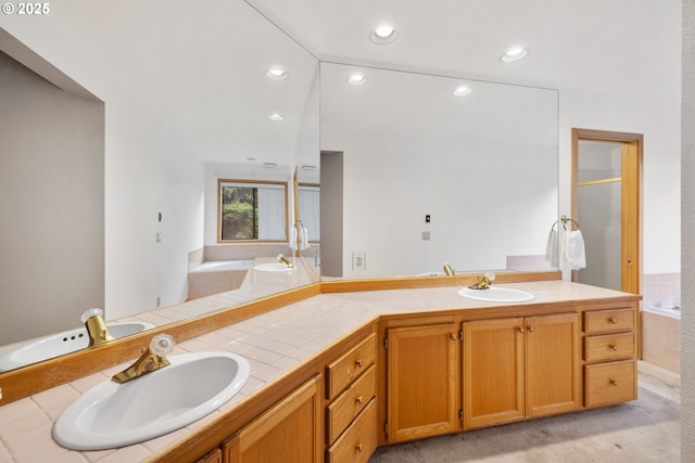 2305 Chickadee Ct, West Linn, OR 97068 - bathroom featuring double vanity, a garden tub, recessed lighting, and a shower
