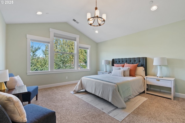 bedroom featuring lofted ceiling, a notable chandelier, visible vents, and carpet floors