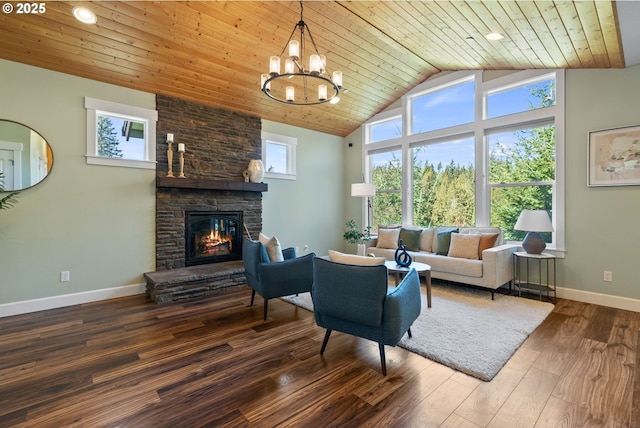 living area with high vaulted ceiling, wood finished floors, wooden ceiling, a fireplace, and baseboards