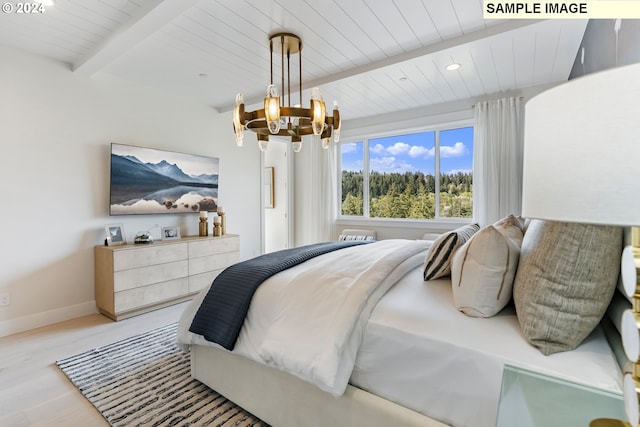 bedroom featuring baseboards, wooden ceiling, light wood-style floors, a chandelier, and beam ceiling