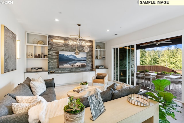 living room with recessed lighting and built in features