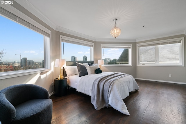 bedroom featuring crown molding, multiple windows, and dark wood-style floors