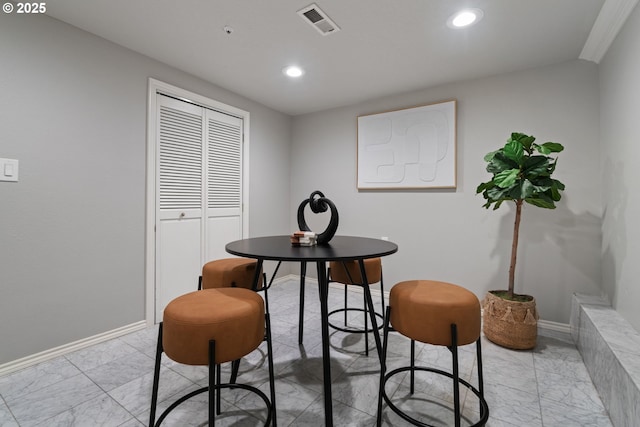 dining area featuring recessed lighting, visible vents, baseboards, and marble finish floor