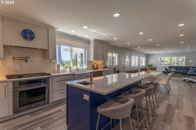 kitchen featuring appliances with stainless steel finishes, recessed lighting, light wood-style floors, healthy amount of natural light, and a kitchen island