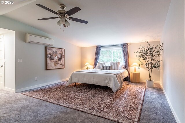 carpeted bedroom featuring ceiling fan, baseboards, vaulted ceiling, and an AC wall unit