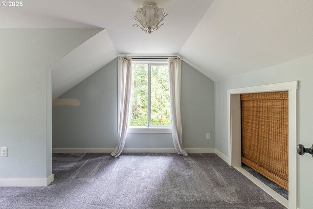 bonus room featuring vaulted ceiling, carpet floors, and baseboards