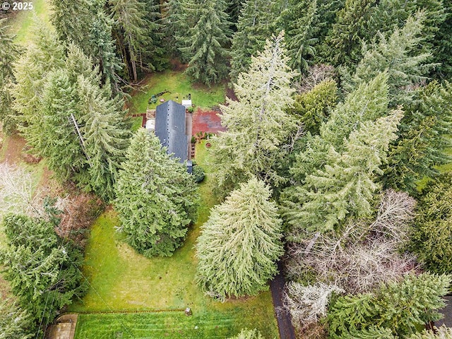 bird's eye view featuring a wooded view