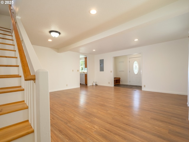 3511 SW Coronado St, Portland, OR 97219 - foyer featuring electric panel, stairs, light wood-type flooring, and recessed lighting