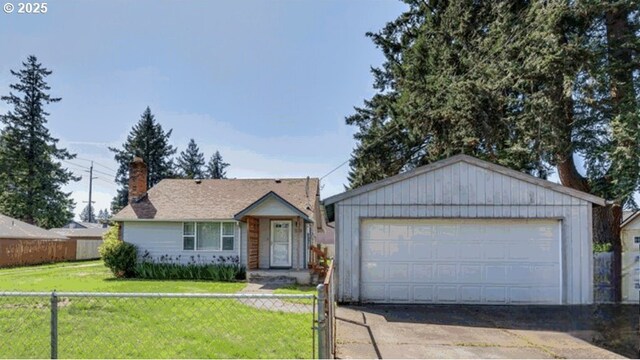 single story home with a detached garage, fence, a chimney, and a front lawn