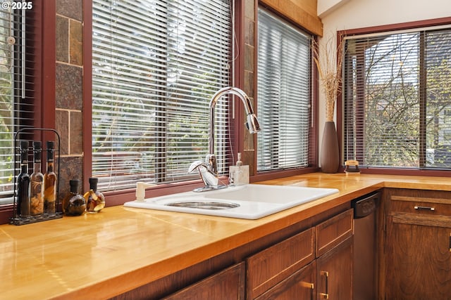 kitchen featuring a sink, butcher block countertops, and dishwasher