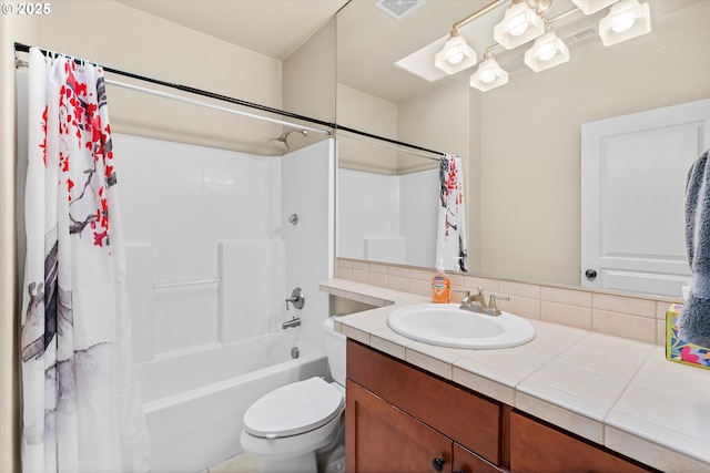 full bathroom with decorative backsplash, vanity, shower / tub combo, and toilet