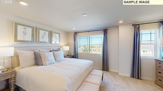 bedroom featuring light colored carpet