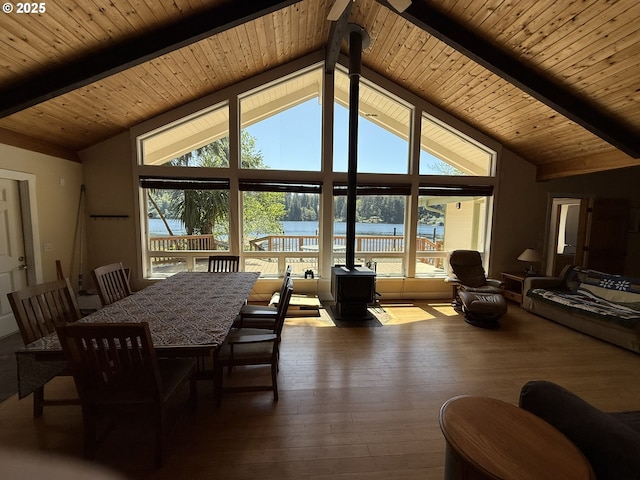 3140 S Tenmile, Lakeside, OR 97449 - dining area with a wood stove, vaulted ceiling with beams, wooden ceiling, a water view, and hardwood / wood-style flooring