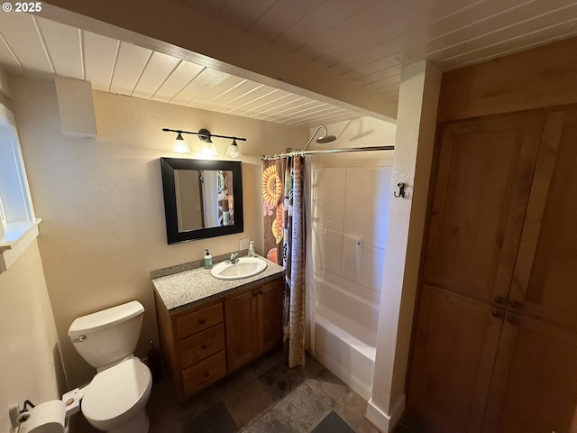 3140 S Tenmile, Lakeside, OR 97449 - full bath with toilet, beamed ceiling, shower / bath combo with shower curtain, wood ceiling, and vanity