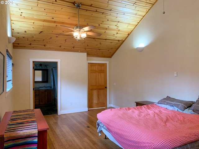 bedroom with wood-type flooring, ensuite bath, ceiling fan, high vaulted ceiling, and wooden ceiling