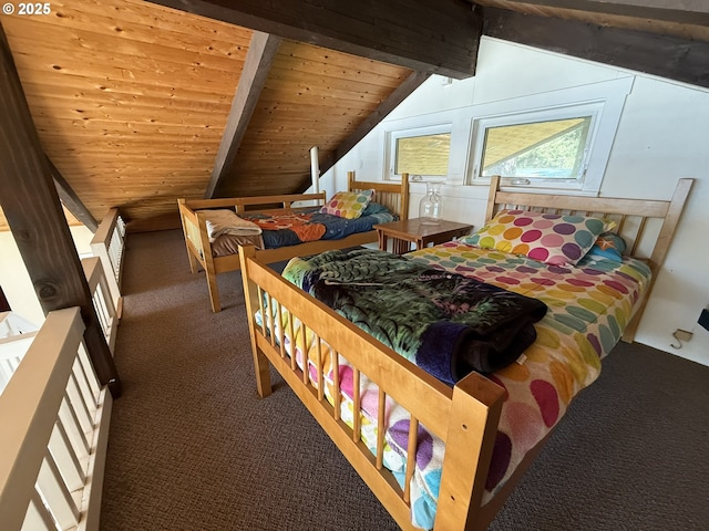 3140 S Tenmile, Lakeside, OR 97449 - bedroom featuring carpet floors, vaulted ceiling with beams, and wood ceiling