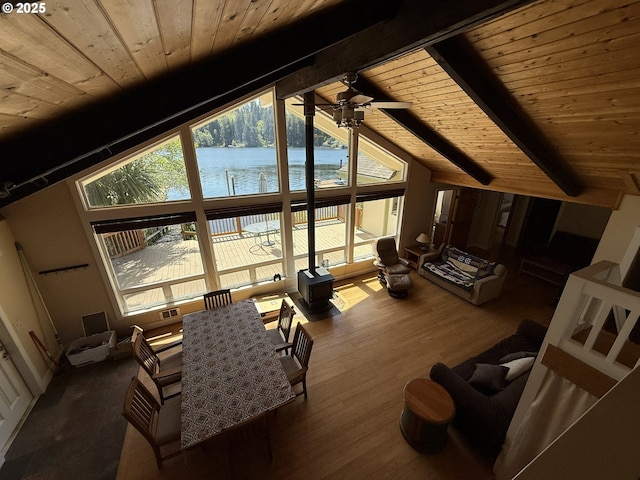 3140 S Tenmile, Lakeside, OR 97449 - living room with wood finished floors, a water view, wooden ceiling, and lofted ceiling with beams