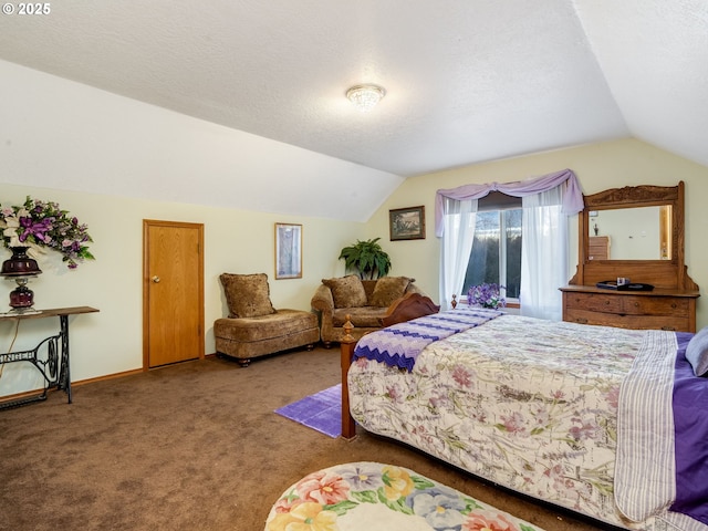 carpeted bedroom featuring lofted ceiling and a textured ceiling