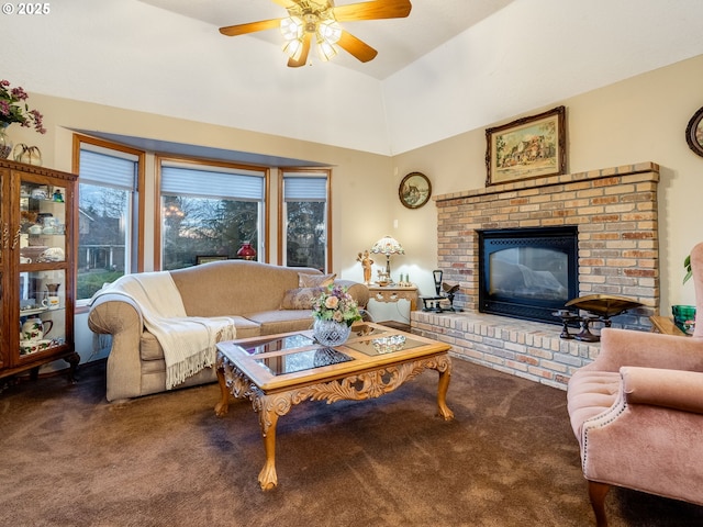 carpeted living room featuring ceiling fan, vaulted ceiling, and a fireplace