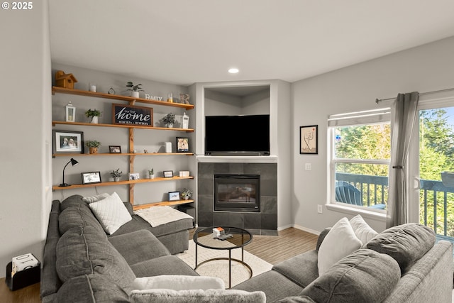 living room with hardwood / wood-style flooring and a tile fireplace