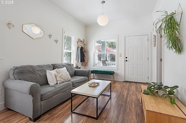 927 N Baldwin St, Portland, OR 97217 - living area with ornamental molding and dark wood-style floors