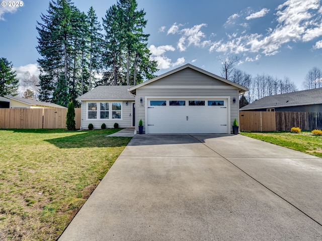 ranch-style house featuring driveway, a garage, fence, and a front lawn