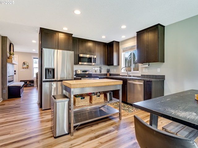 kitchen featuring stainless steel appliances, plenty of natural light, dark brown cabinetry, and light wood-style flooring