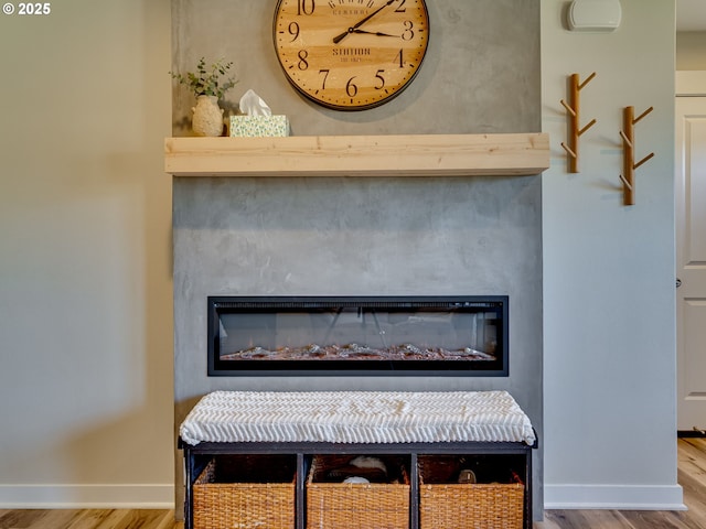 room details with wood finished floors, a glass covered fireplace, and baseboards