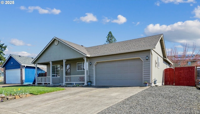 ranch-style home with an attached garage, a porch, driveway, and roof with shingles