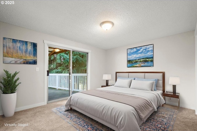 carpeted bedroom with a textured ceiling, access to outside, and baseboards