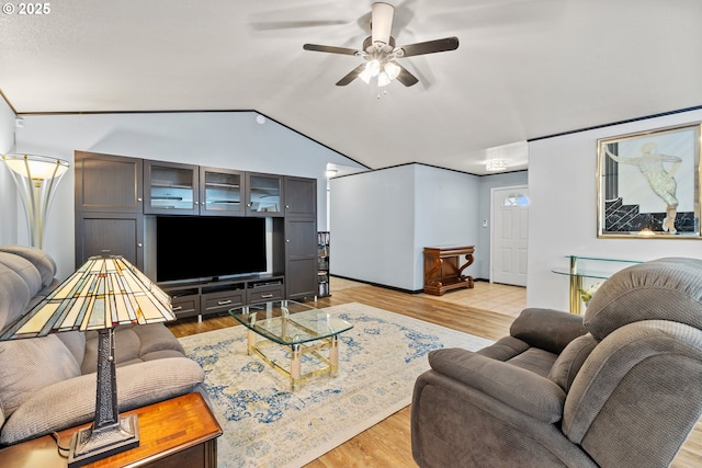 307 Cambridge Dr, Sutherlin, OR 97479 - living room featuring lofted ceiling, a ceiling fan, light wood-type flooring, and baseboards