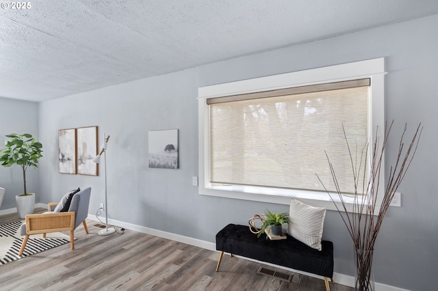 living area with wood-type flooring and a textured ceiling